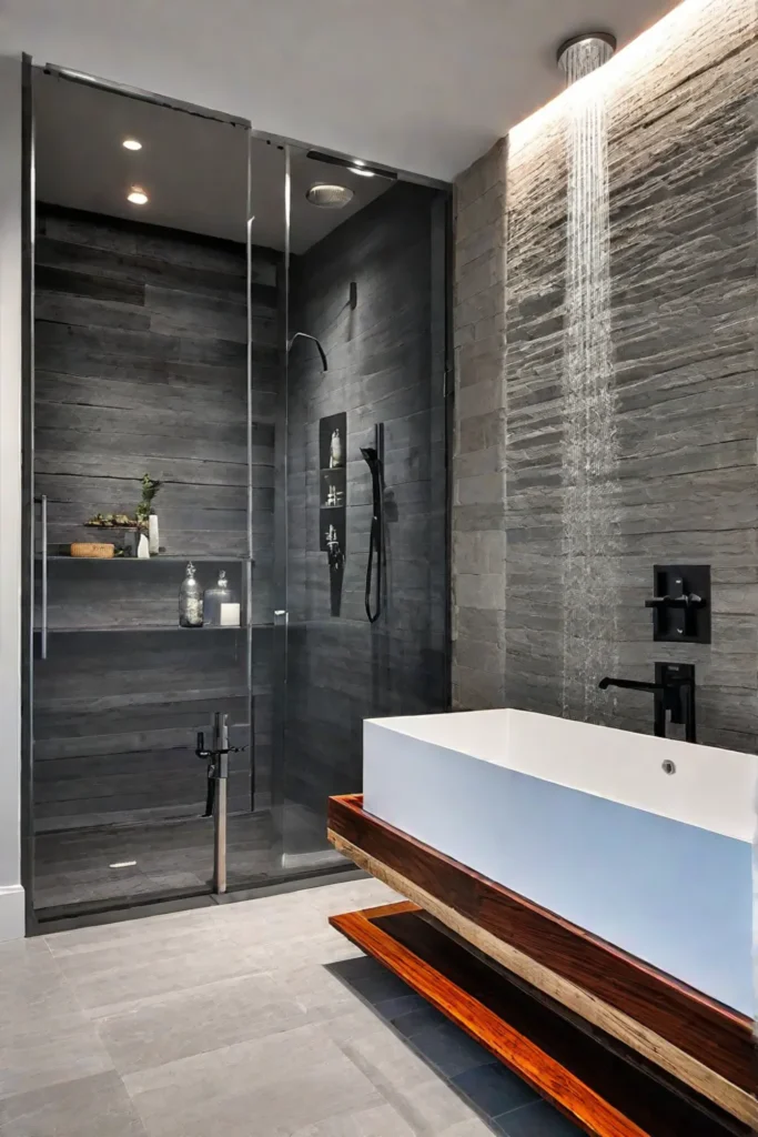 Shower with sustainable stone walls and reclaimed wood
