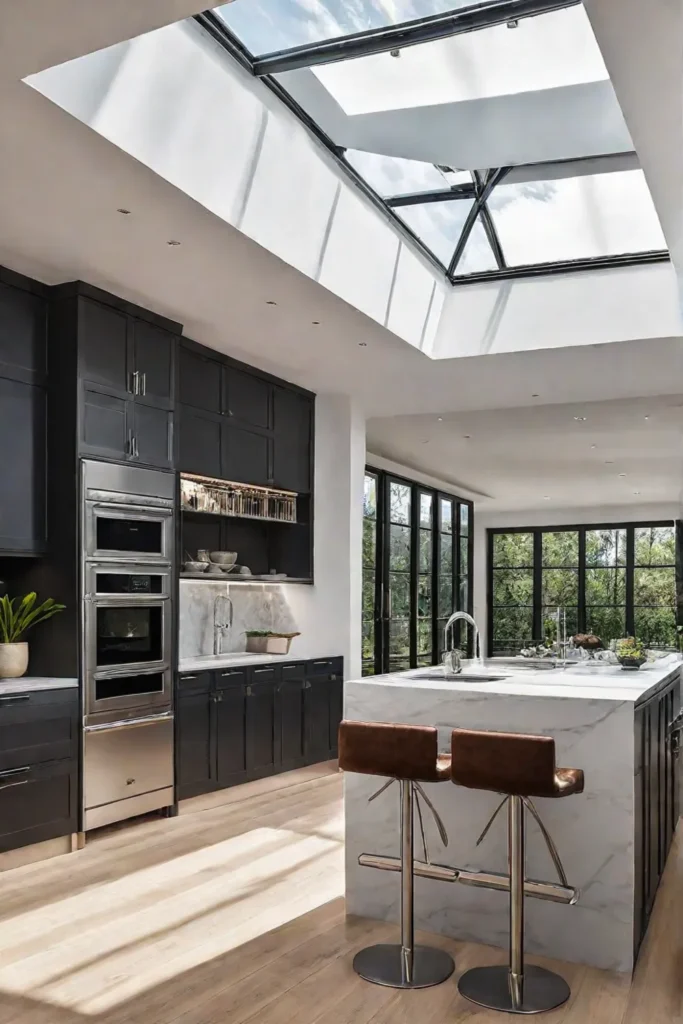 Skylight and LED lighting in a spacious kitchen