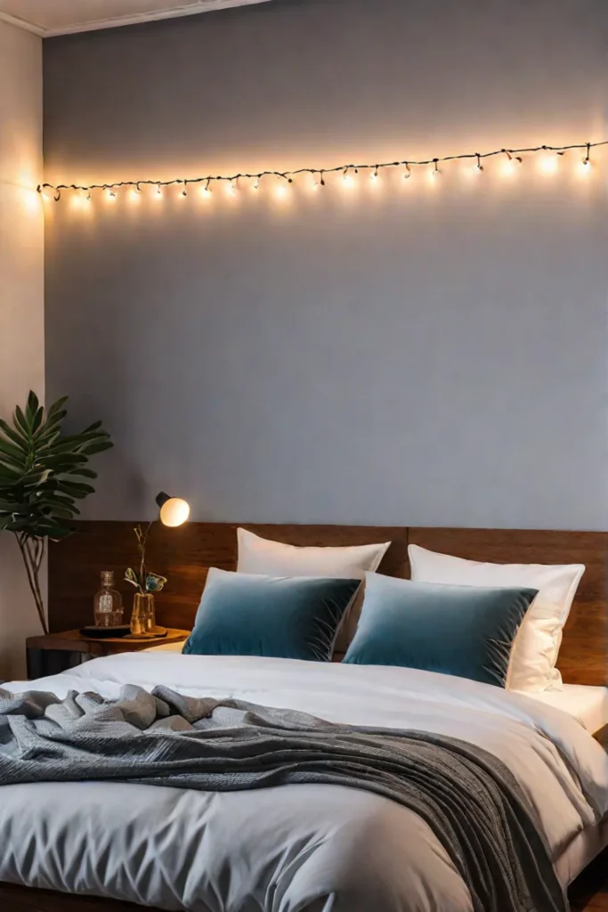 Small bedroom lighting with wall sconce and string lights