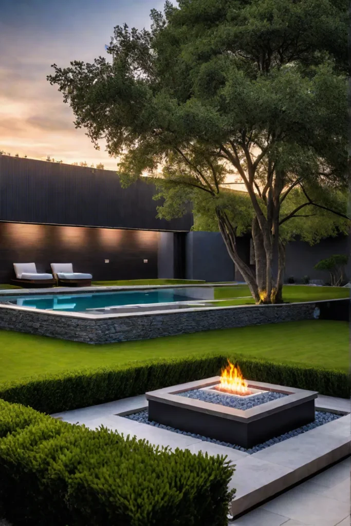 Sophisticated outdoor space with a raised fire pit and landscaped gardens