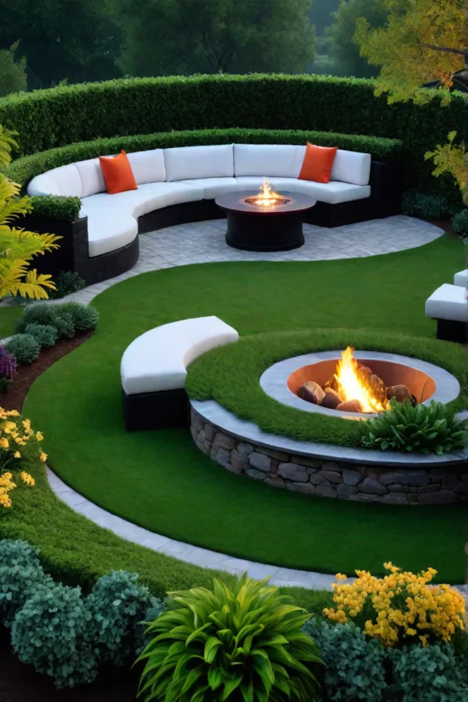 Sunken fire pit with builtin seating and a garden view