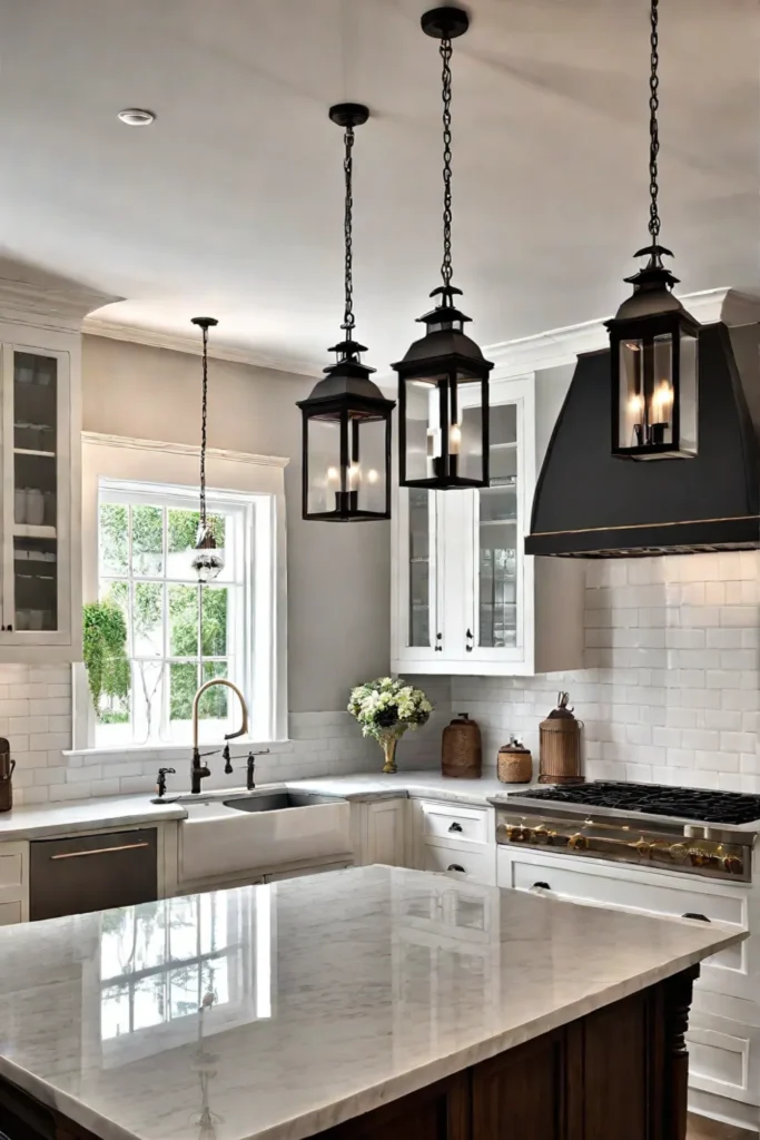 Traditional kitchen with lantern pendant lights