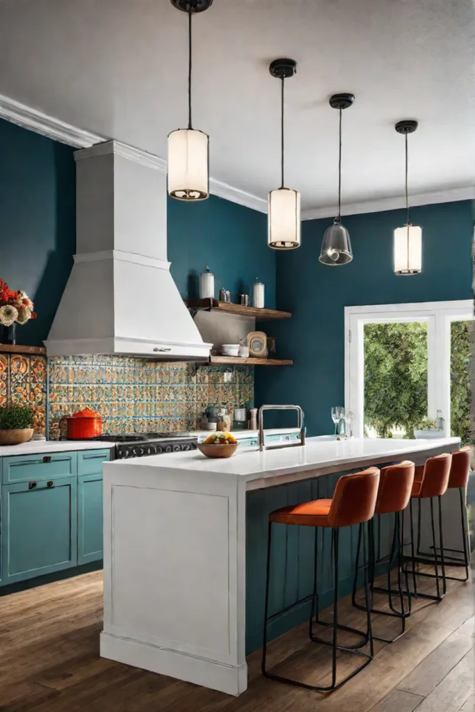 Vintageinspired kitchen with pendant lights and sconces