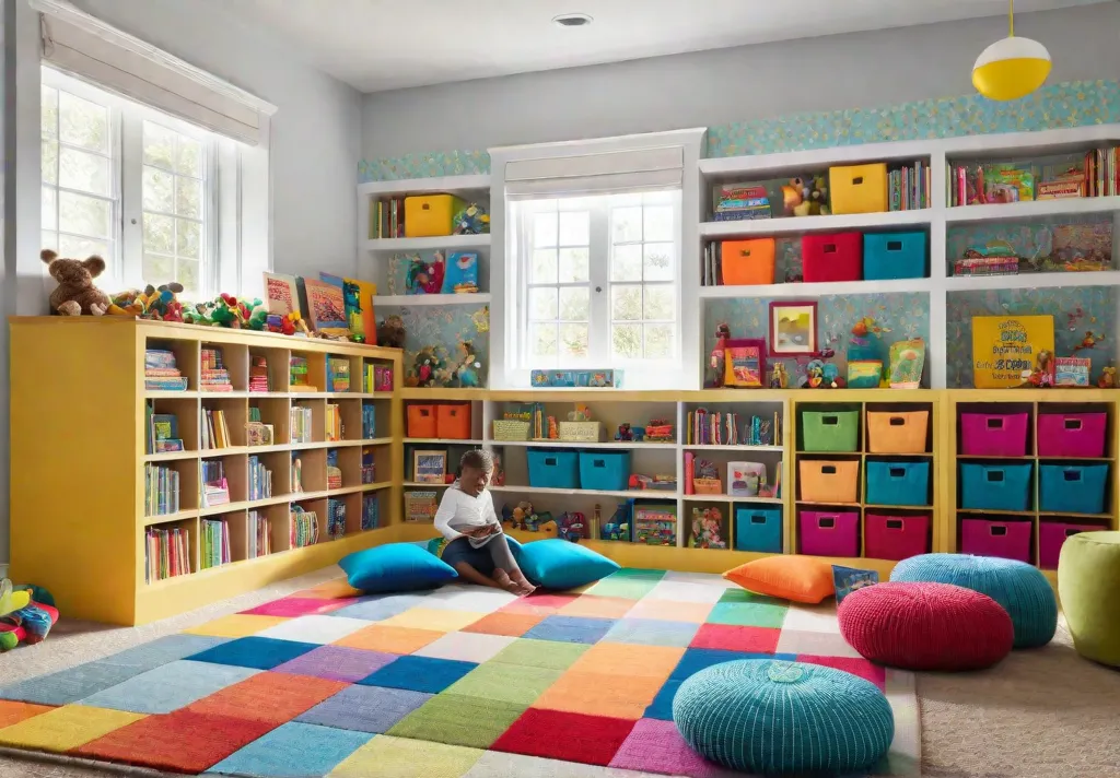A brightly lit playroom with a cozy reading nook featuring a lowfeat