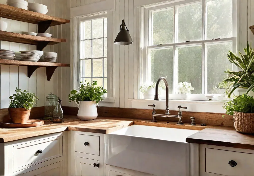 A charming cottage kitchen with beadboard wainscoting open shelving and a farmhousefeat