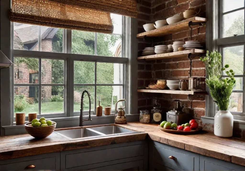 A charming small cottage kitchen with a rustic aesthetic featuring exposed brickfeat