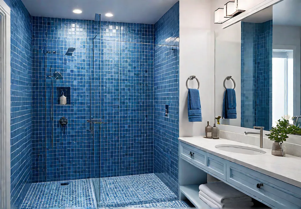 A contemporary bathroom bathed in soft calming blue tile creating a serenefeat