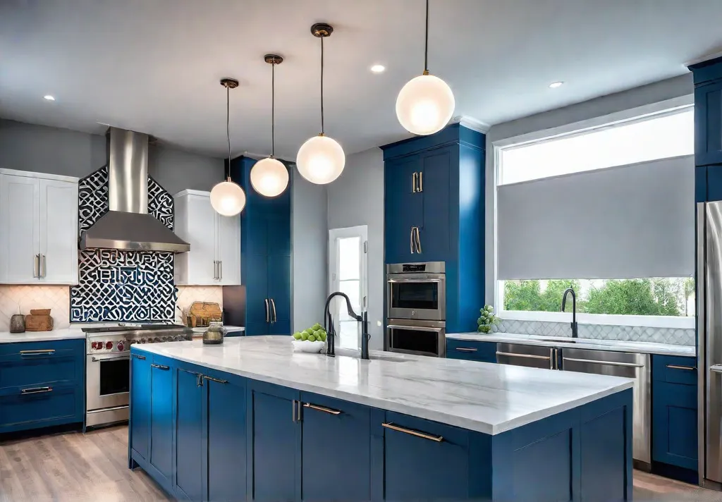 A contemporary kitchen bathed in natural light featuring bold blue cabinetry pairedfeat