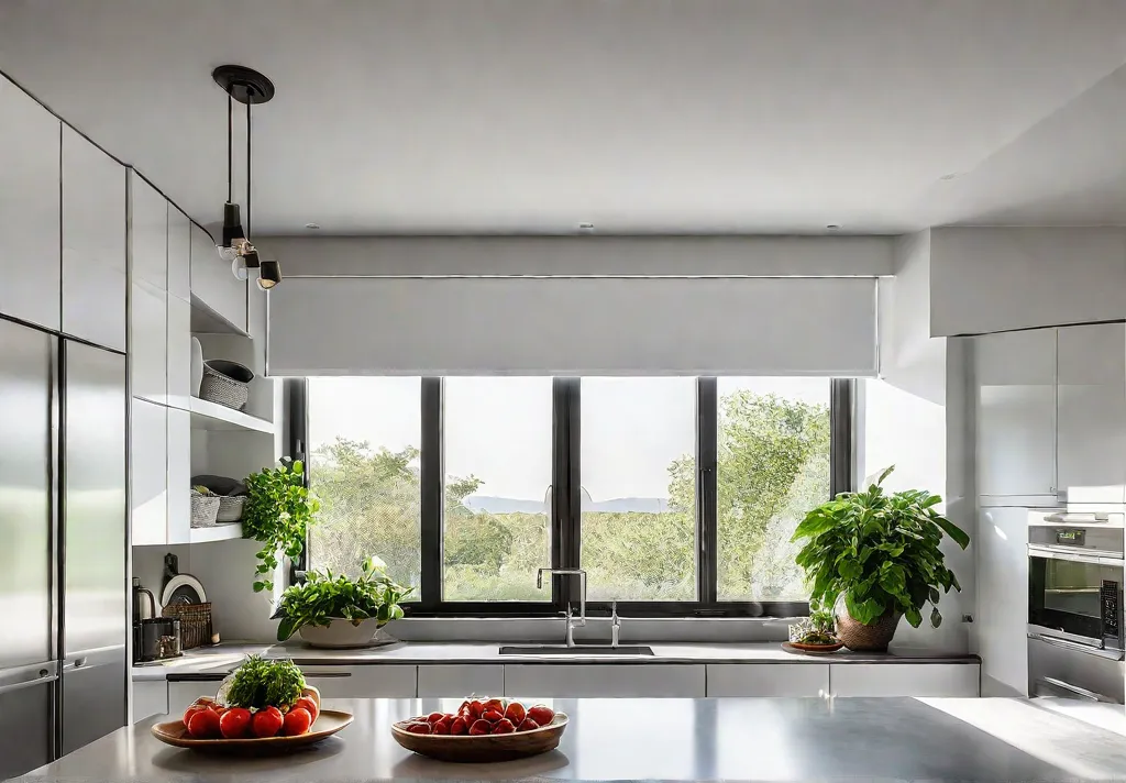 A contemporary kitchen gleaming with sunlight showcasing sleek white cabinets concrete countertopsfeat