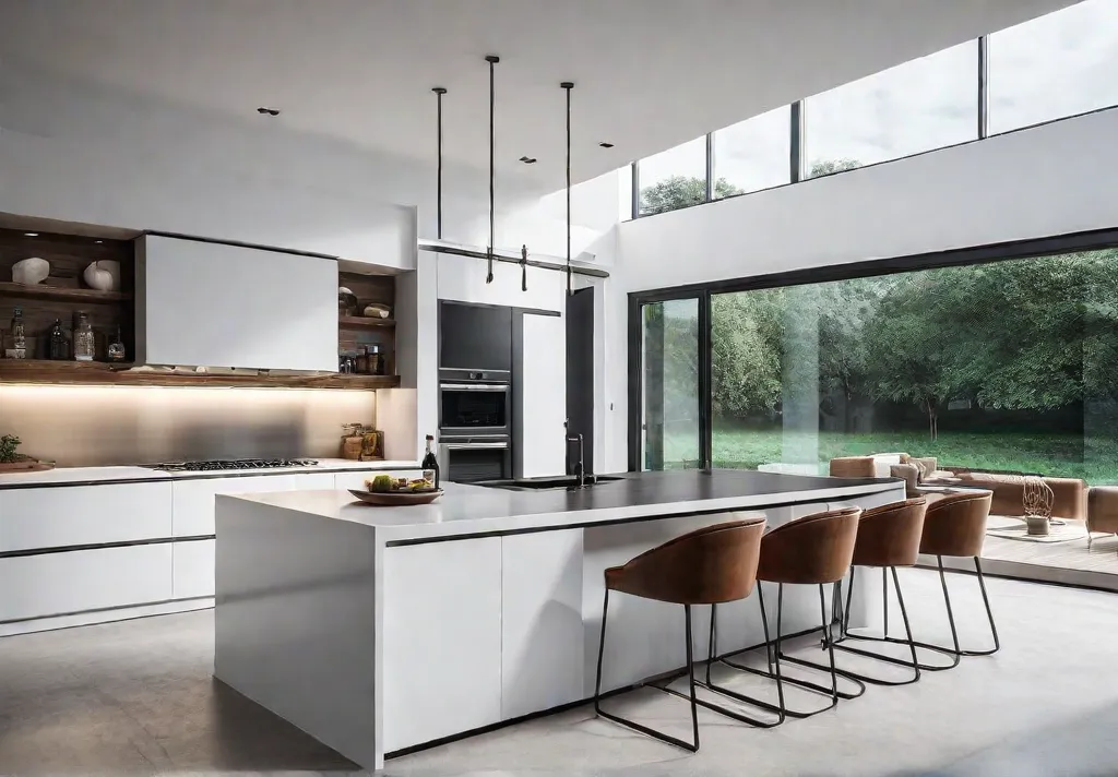 A contemporary kitchen with minimalist aesthetics featuring clean lines white cabinets andfeat