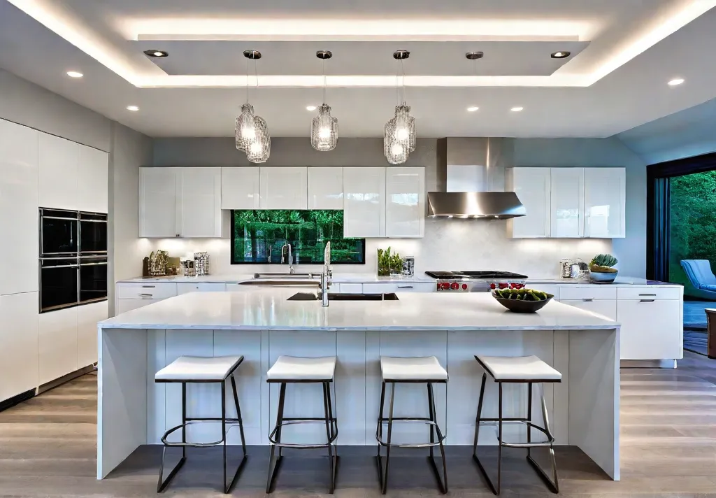 A contemporary kitchen with sleek white cabinetry stainless steel appliances and afeat