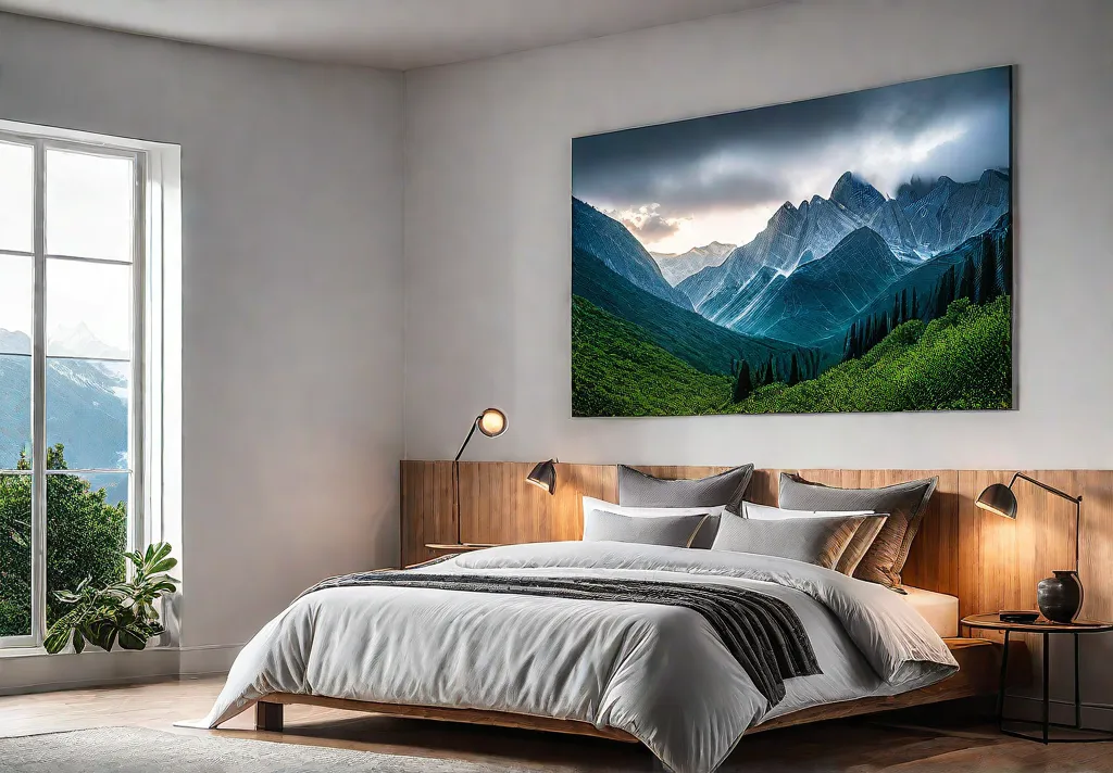 A cozy bedroom with a painted headboard design featuring a serene mountainfeat