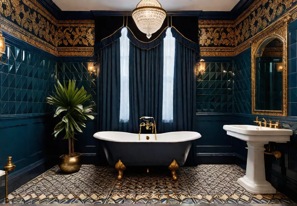 A luxurious Victorian bathroom adorned with intricate patterned encaustic tiles in richfeat