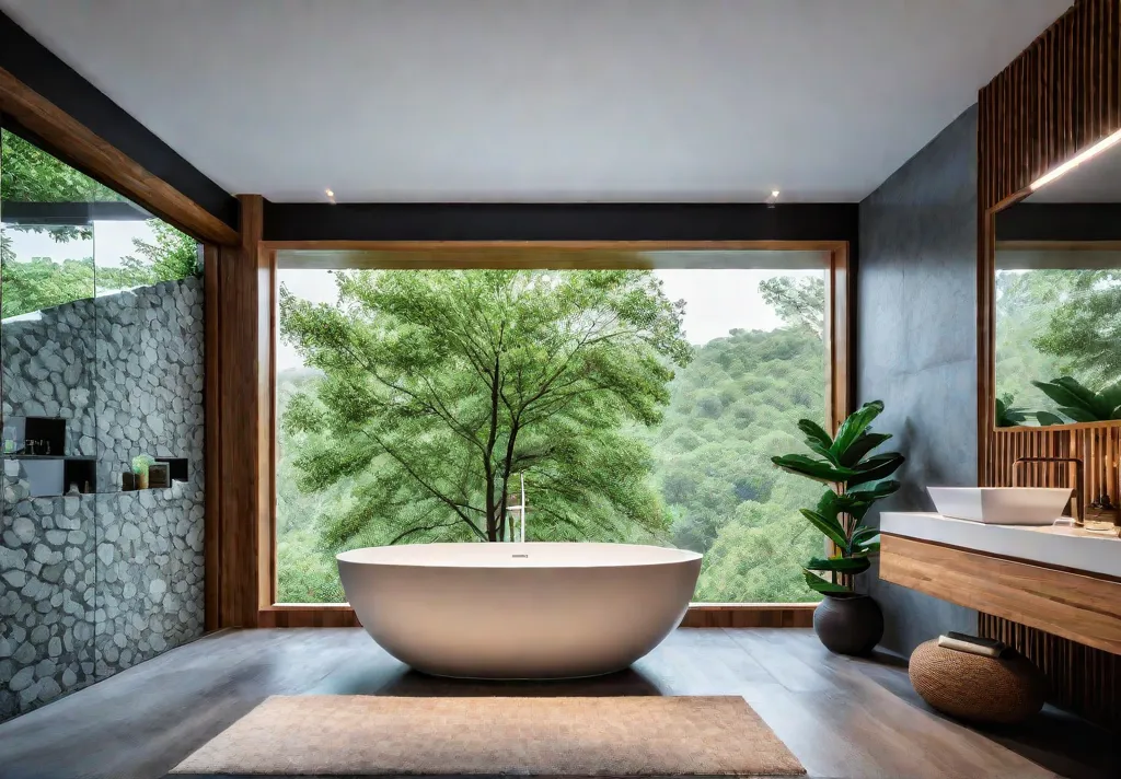 A luxurious bathroom bathed in natural light featuring a freestanding bathtub besidefeat