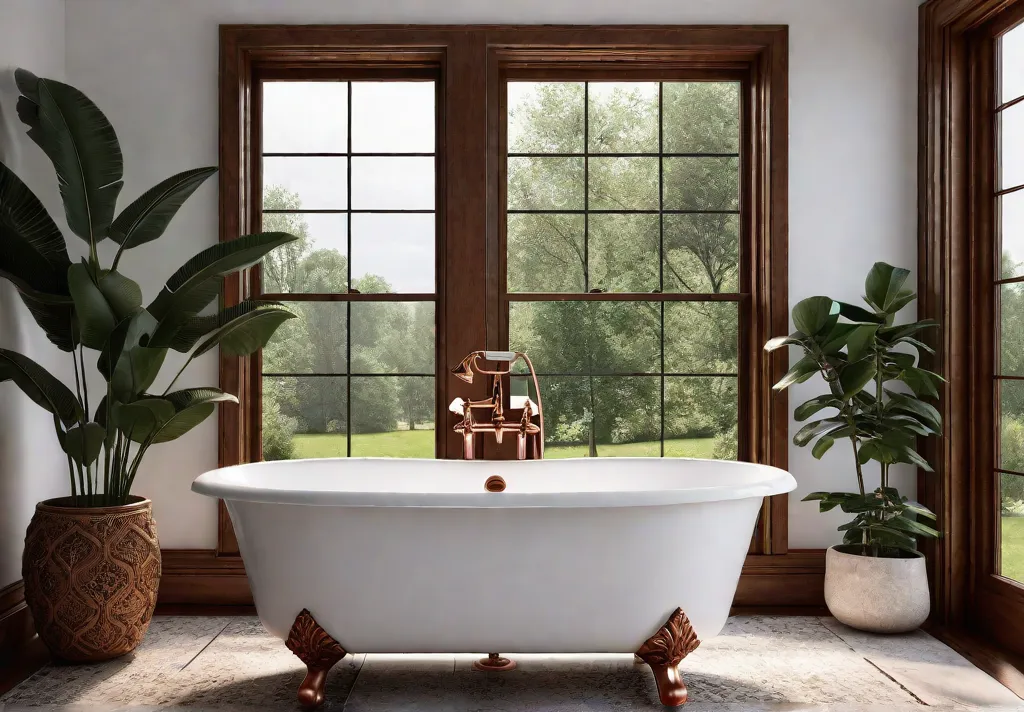 A luxurious bathroom bathed in natural light featuring a freestanding copper clawfootfeat