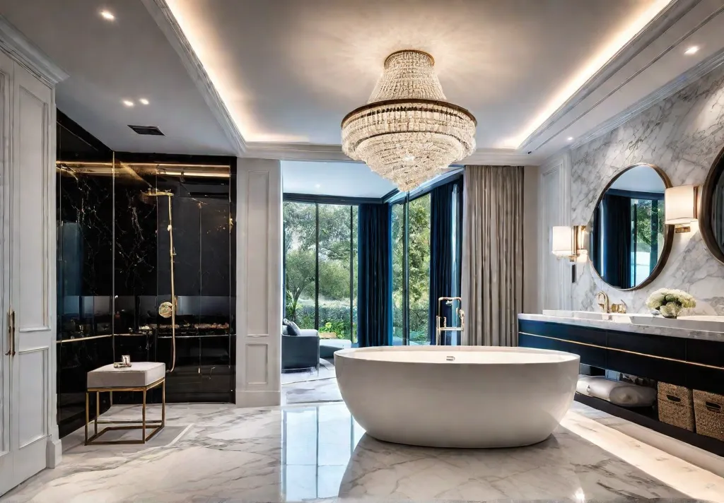 A luxurious bathroom with a freestanding bathtub illuminated by a sparkling chandelierfeat
