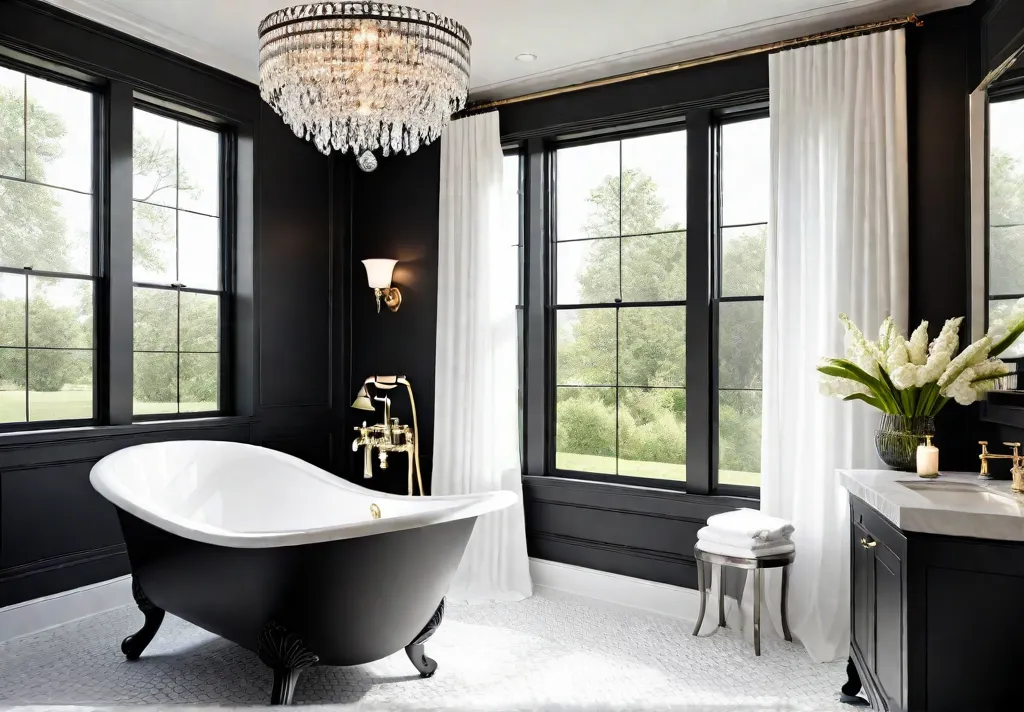 A luxurious bathroom with a freestanding clawfoot tub featuring a matte blackfeat