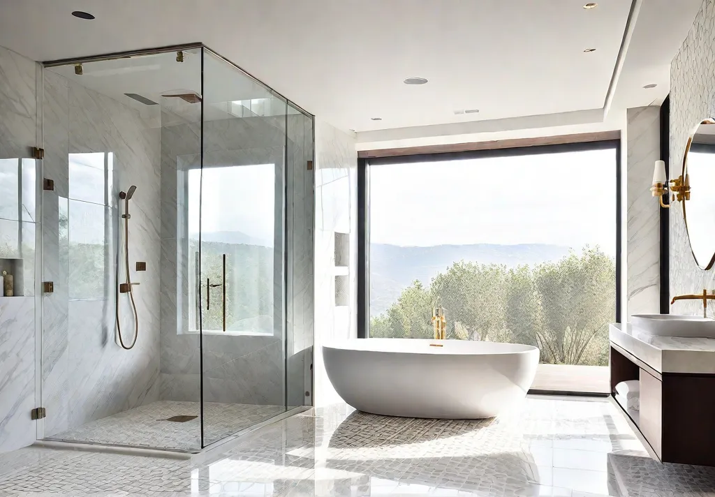 A luxurious modern bathroom featuring a walkin shower with white marble wallsfeat