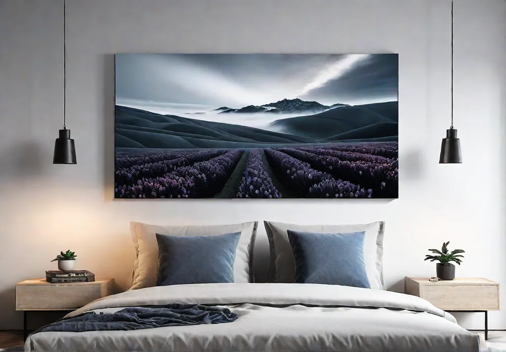 A minimalist bedroom with a platform bed a single abstract painting andfeat