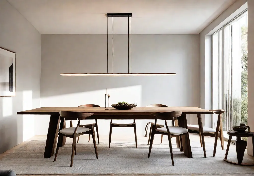 A minimalist dining room with a cleanlined dining table neutral color palettefeat