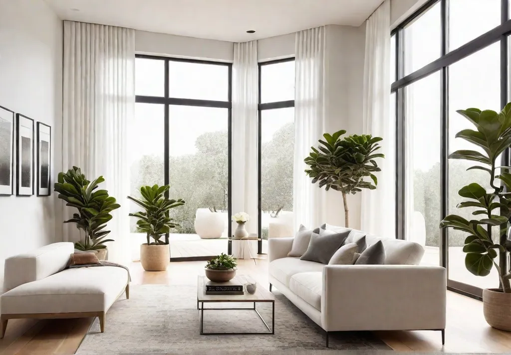 A minimalist living room bathed in natural sunlight featuring a white sofafeat