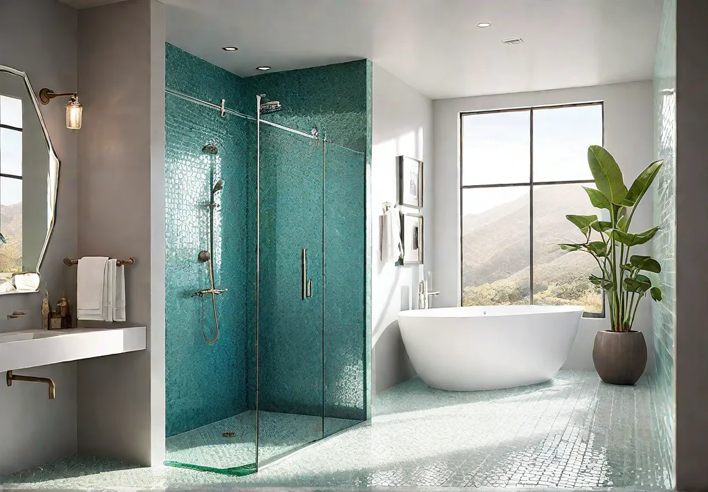 A modern bathroom bathed in natural light featuring a shower with wallsfeat