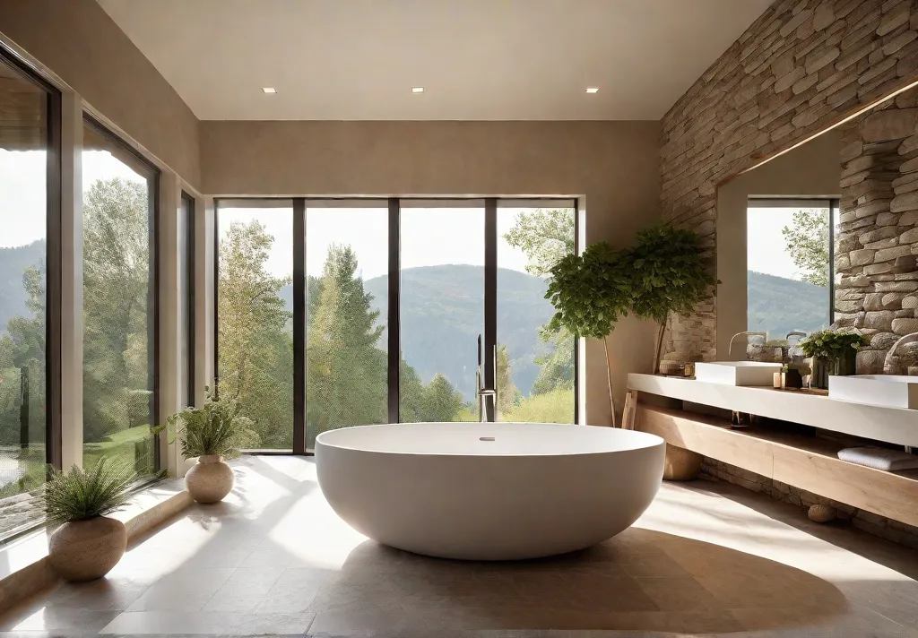 A modern bathroom with a freestanding soaking tub large windows with afeat