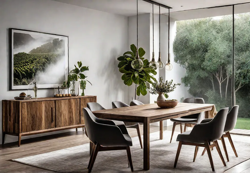 A modern dining room bathed in sunlight featuring a dining table andfeat