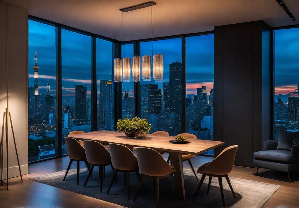 A modern dining room with a large window overlooking a city skylinefeat