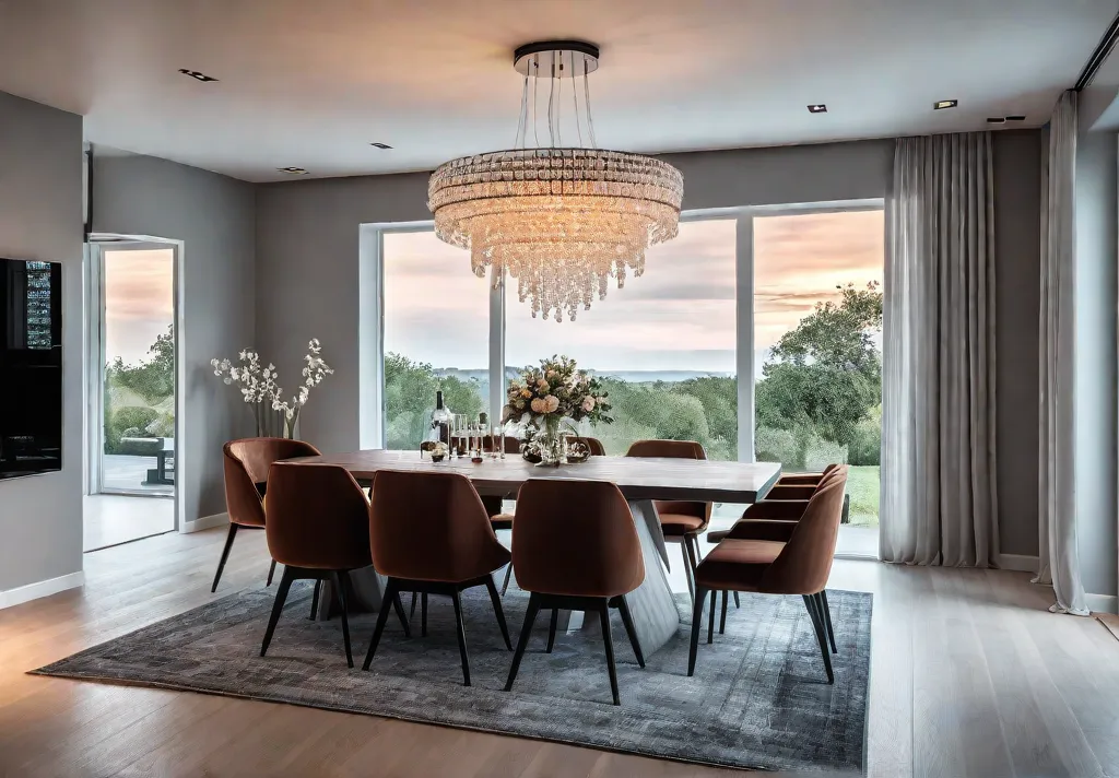 A modern dining room with a large window showcasing a breathtaking sunsetfeat