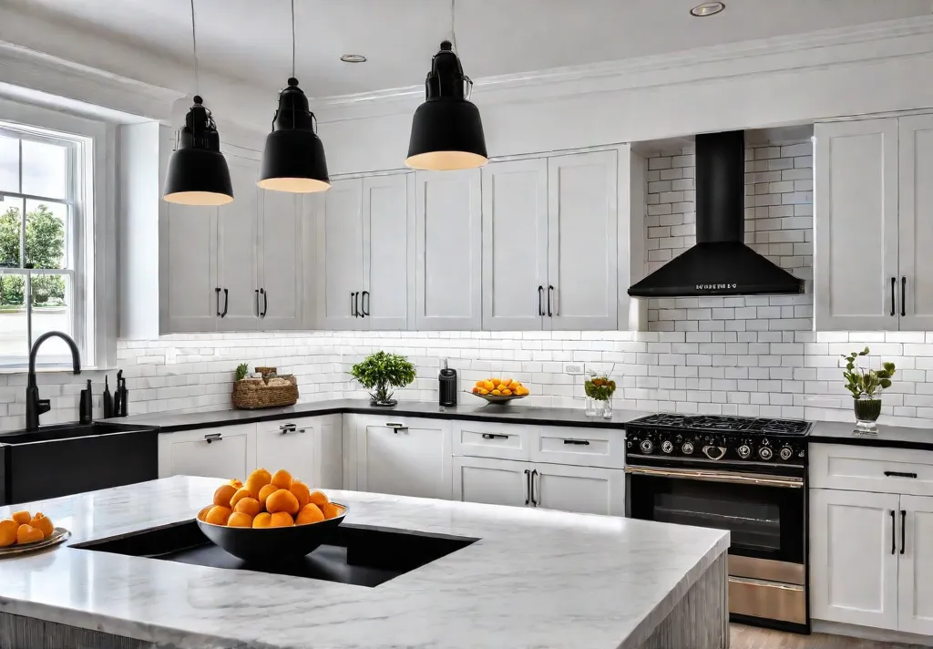 A modern farmhouse kitchen with white shaker cabinets adorned with sleek mattefeat