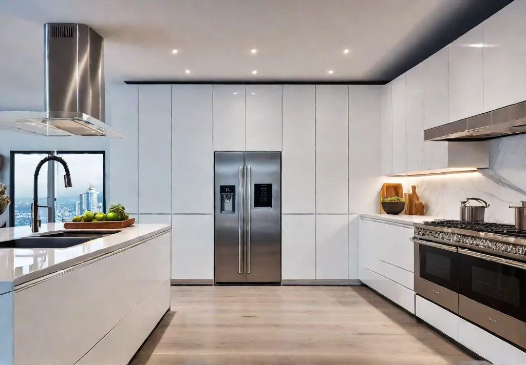 A modern kitchen bathed in soft warm light featuring sleek stainless steelfeat