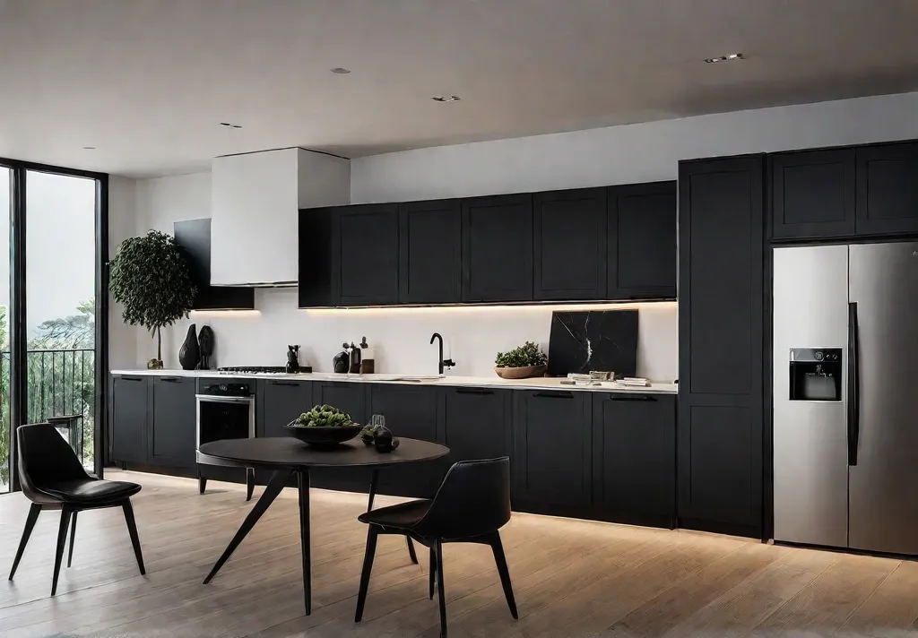 A modern kitchen featuring matte black appliances that create a sleek andfeat