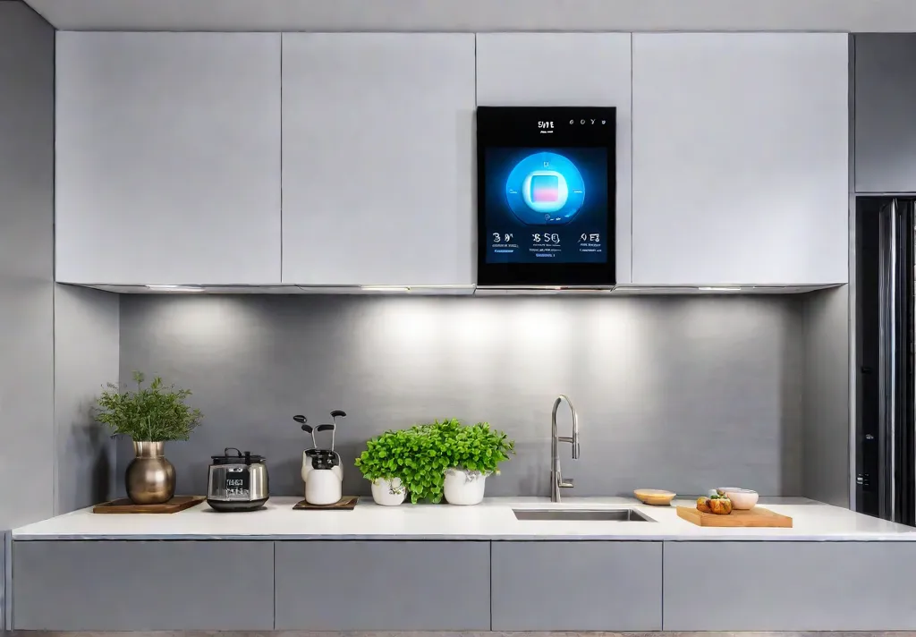 A modern kitchen with sleek countertops featuring a smart refrigerator showcasing afeat