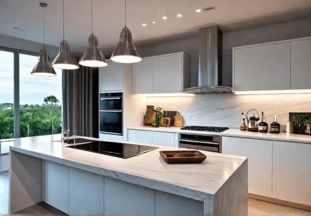 A modern kitchen with sleek quartz countertops stainless steel appliances and woodfeat