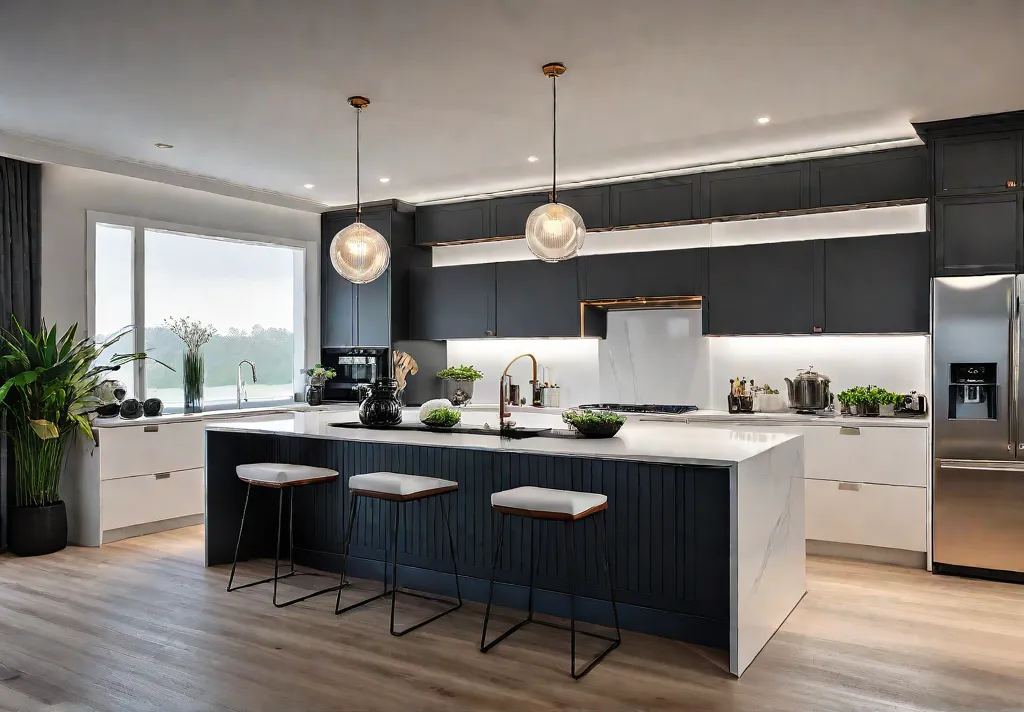 A modern kitchen with sleek white cabinets and a large island illuminatedfeat