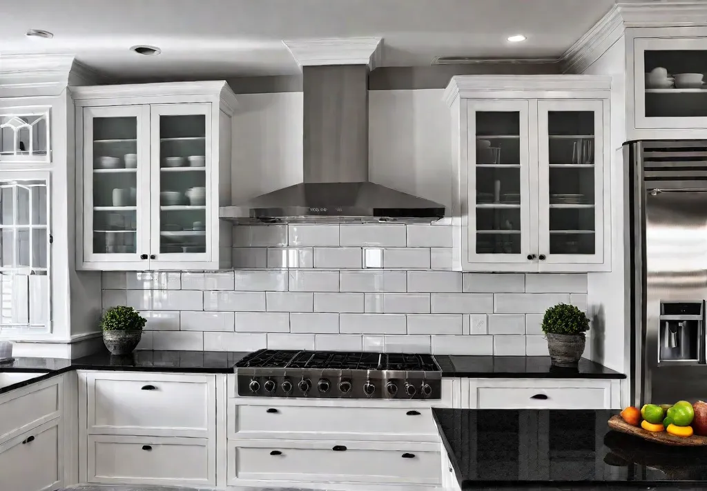 A modern kitchen with white cabinets black granite countertops and a classicfeat