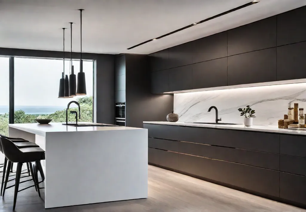 A modern minimalist kitchen featuring a hidden pantry concealed behind sleek cabinetryfeat