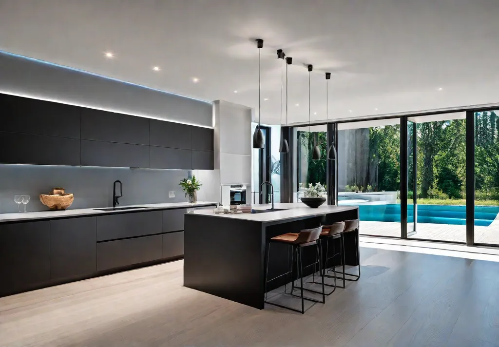 A modern open floor plan kitchen seamlessly transitioning into a minimalist livingfeat
