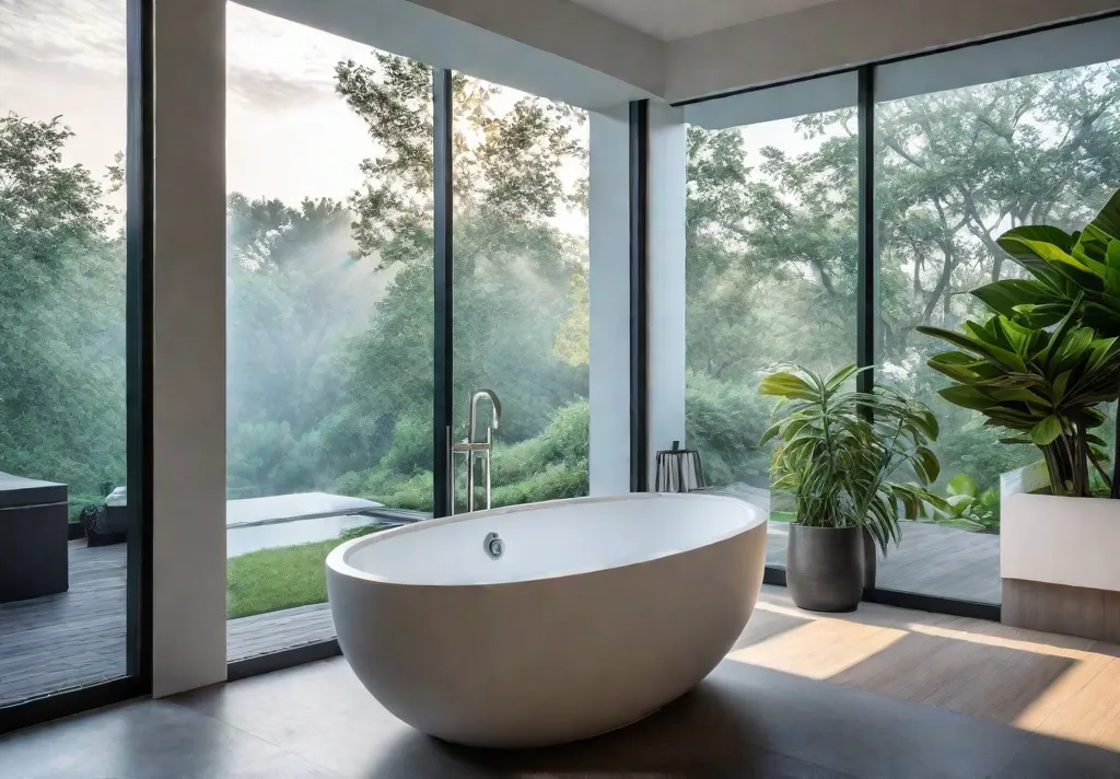 A serene and opulent bathroom retreat with a freestanding soaking tub positionedfeat