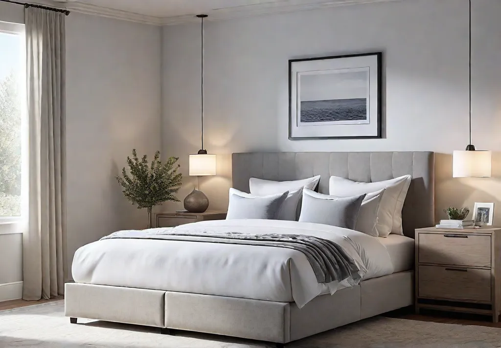 A serene bedroom bathed in soft morning light featuring a bed withfeat