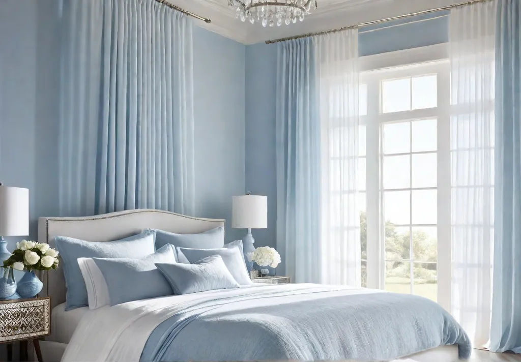A serene bedroom bathed in soft shades of blue with gauzy whitefeat