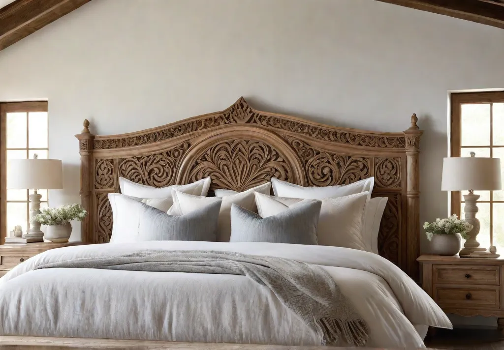 A serene bedroom with a kingsize bed featuring a tall ornately carvedfeat