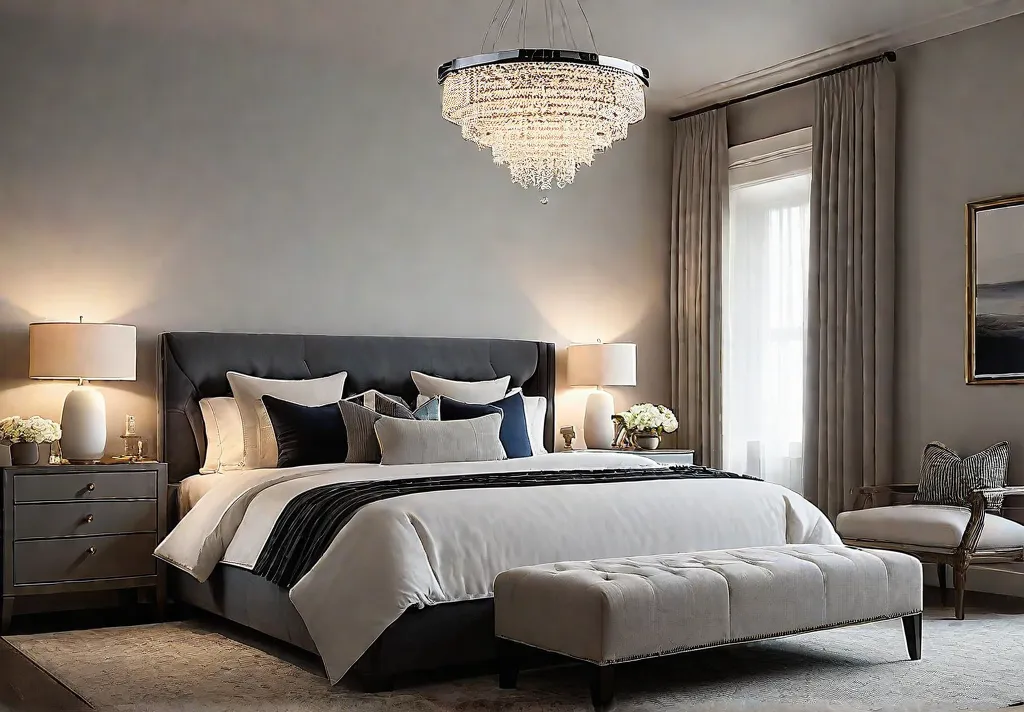 A serene bedroom with soft diffused ambient lighting from a modern chandelierfeat 1