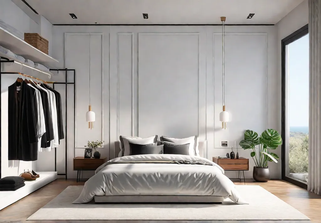 A serene minimalist bedroom with sunlight streaming through the window highlighting anfeat