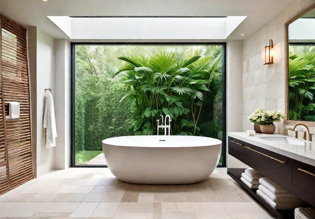 A serene transitional bathroom with a freestanding bathtub beside a large windowfeat
