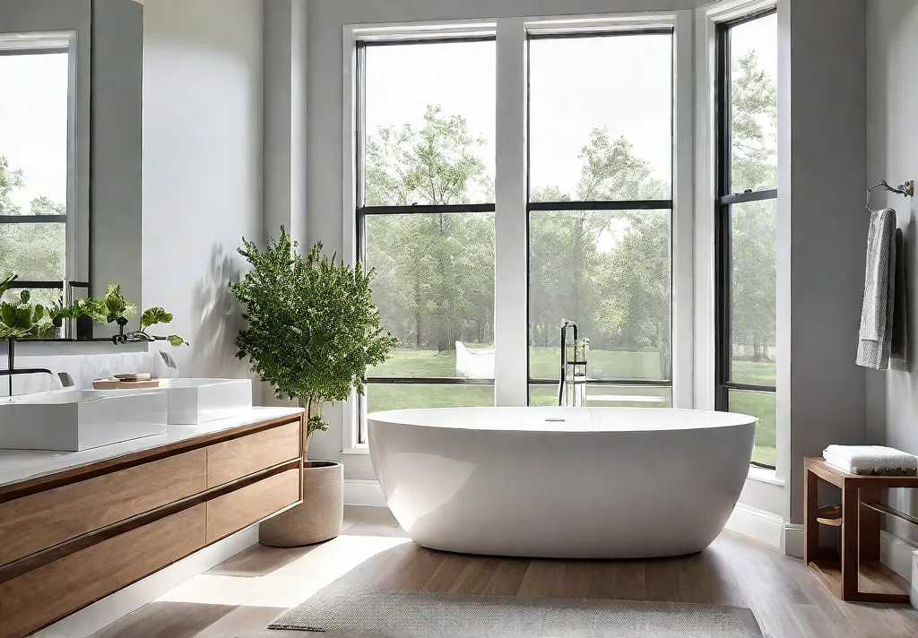 A serene transitional bathroom with a white freestanding tub light gray wallsfeat