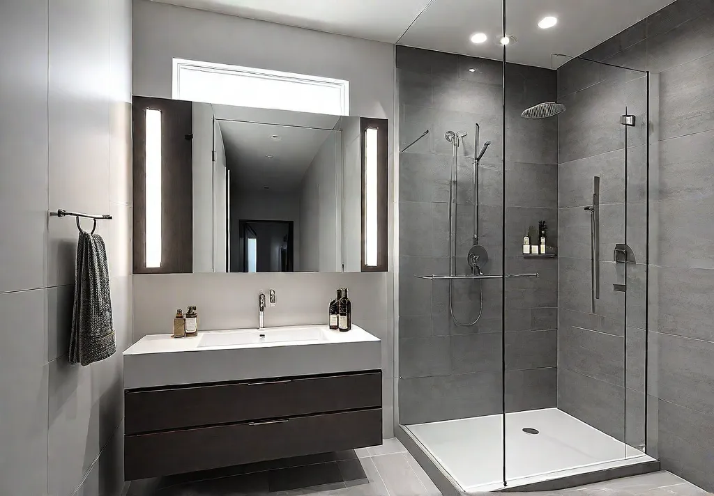 A small bathroom with light gray large format tiles on the wallsfeat