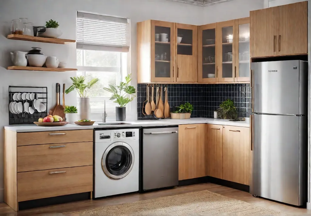 A small bright kitchen featuring a slim refrigerator and compact dishwasher withfeat