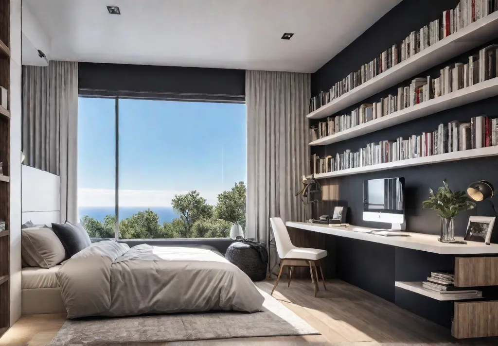 A small chic bedroom with floortoceiling shelves filled with books and decorativefeat